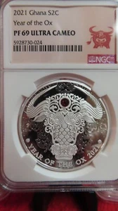 2021 GHANA Lunar Zodiac YEAR OF THE OX swarovski crystal  Silver Coin NGC PF69 - Picture 1 of 6