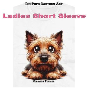 DigiPups Norwich Terrier Dog Cute Face Breed Portrait Cartoon Ladies T Shirt - Picture 1 of 4