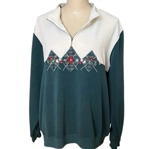 Sudadera a Cuadros Vintage Mujer Bordada Flor Granny Cottage 1/4 Cremallera Talla 2X - Imagen 1 de 11