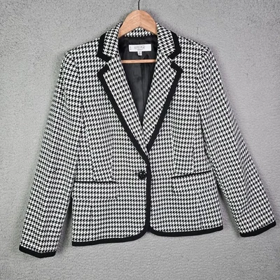 Chaqueta Blazer Kasper 10P Negro Blanco Pata de Gallo Borde en Contraste Carrera Ropa de Trabajo Foto 1 de 4