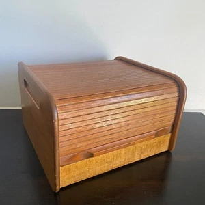 Vintage Mid-Century Teak Tambour Roll Top Box Desktop Organizer - Picture 1 of 7