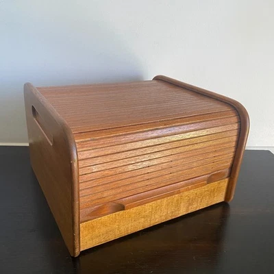 Vintage Mid-Century Teak Tambour Roll Top Box Desktop Organizer - Image 1 of 4