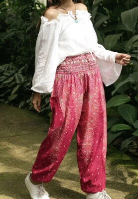 Lofbaz Women's Boho Genie Smocked Waist Harem Pants Hippie Peacock Pink Yoga S - Image 1 of 4