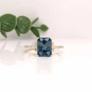 Natural London Blue Topaz Diamonds Engagement Ring 14k Gold Finish Silver - Picture 1 of 2
