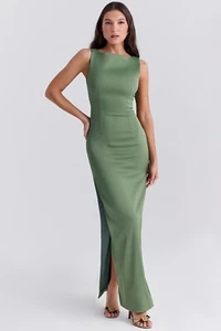 Maxi Vestido HOUSE OF CB 'Filomena' Oliva Cuello Barco S 8/10 3110 - Imagen 1 de 9