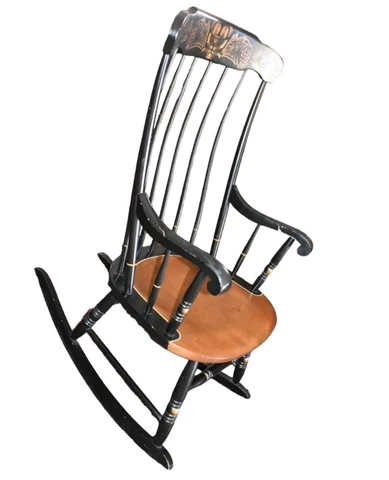 Vintage Solid Maple Hitchcock Black Rocker, Stenciled Rocking Chair Cover