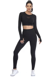 2PC Woman Workout Outfit Set Yoga Leggings Long Sleeve Crop Top Sports Gym Suits - Picture 1 of 6