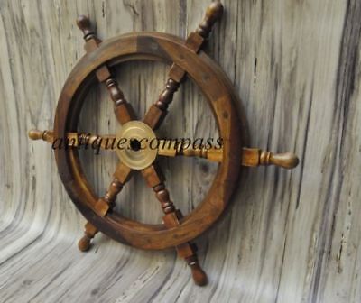 Nautical Wooden Ship Steering Wheel Pirate Decor Wood Brass Fishing Wall Boat  • 52.67$
