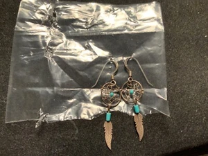 .925 Sterling Silver Faux turquoise Weven Dream Catcher Feather Hook Earrings. - Picture 1 of 12