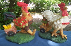 2 set Garden Chicken Figurines w/cart rooster resin 5x4x5 figure colorful CUTE ! - Picture 1 of 5