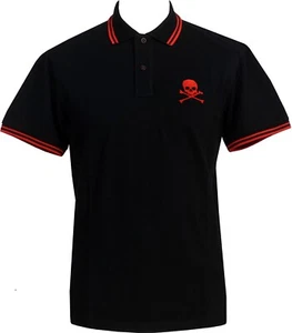 Men's Black & Red Punk Tipped Polo Shirt Skull and Crossbones Rocker S-3XL - Picture 1 of 1