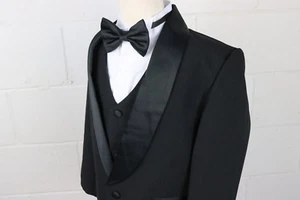 Boys Black Tuxedo suit SOLID LAPEL Satin trim Fancy wedding Bow tie vest pants - Picture 1 of 5