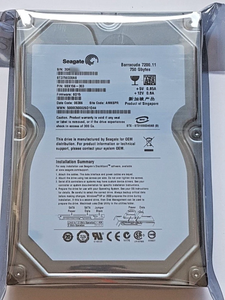 750 GB SATA Seagate barracuda 7200.11 ST3750330AS 32MB 3.5 " Hard Drive New - Image 1 of 1