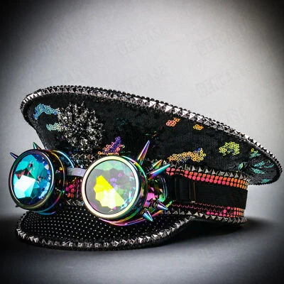 Black Leopard Steampunk Burning Man Captain Hat Spikes Goggles Fisherman Costume - Image 1 of 4