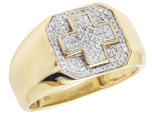 Men's 10K Yellow Gold Real Diamond Cross Pinky Wedding Band Ring 0.40ct 13MM - Picture 1 of 4