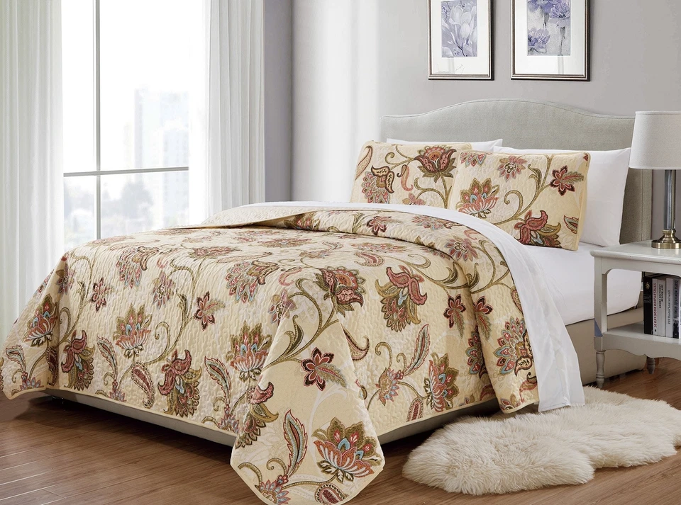 Colcha acolchada MK Home 3 piezas King/California King estampado floral beige rojo azul... Foto 1 de 1