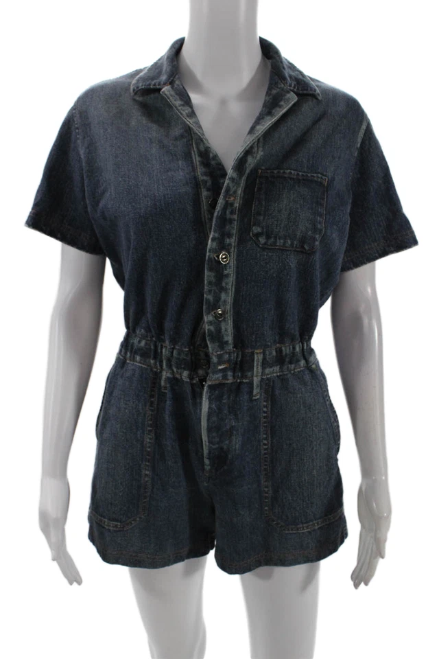Rag & Bone Womens Cotton Short Sleeve Buttoned Collared Romper Blue Size S - Image 1 of 4