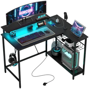 Black L Shaped Desk 107x80x90cm, Particleboard & Steel, LED Lights, Reversible - Picture 1 of 9