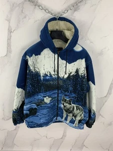 Vintage Simran Wolf Fleece Hooded Jacket Animal Print Outdoor 90s Size L - Picture 1 of 9
