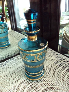 VINTAGE CZECH BOHEMIAN TEAL BLUE WINE DECANTER - Picture 1 of 5