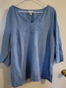 Camisa Alexandra Bartlett Mujer Lino Manga 3/4 Bordada Cuello Dividido Dobladillo 3X - Imagen 1 de 6