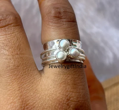 Pearl Sterling Silver Spinner Ring: Handmade Meditation Anxiety Ring All Size - Image 1 of 4