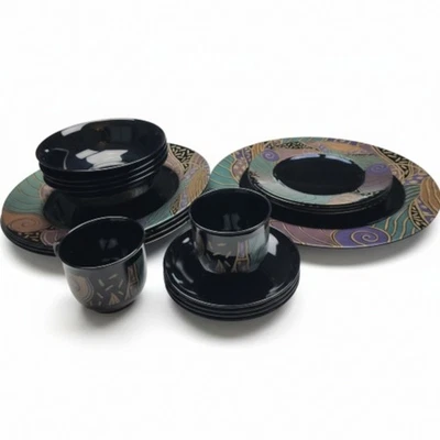 Vintage Arcoroc France Tampico Pattern Black Glass Dinnerware 19-Piece Set - Image 1 of 4