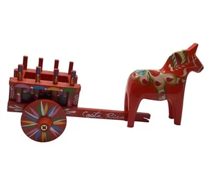 Vintage Nils Olsson 4" fatto a mano legno arancione rosso Svezia Dala cavallo e carrello Akt - Foto 1 di 12