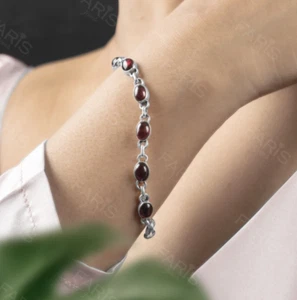 Adjustabl Sterling Silver 925 Ladies Oval Red Garnet Bracelet Bangle Gemstone - Picture 1 of 6