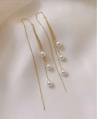 Womens Threader Long Gold Metal Faux Pearl Dangle Drop Decor Earrings Jewellery - Image 1 of 3