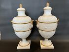 Pair Chelsea House Italy White & Gold Ceramic Roman Table Covered Ern Vases, 18"