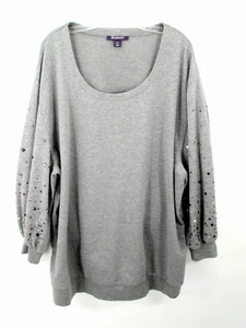 ROAMAN'S Sweatshirt Top Women 18/20 L Gray Rhinestone Puff Sleeves Scoop Neck - Picture 1 of 13