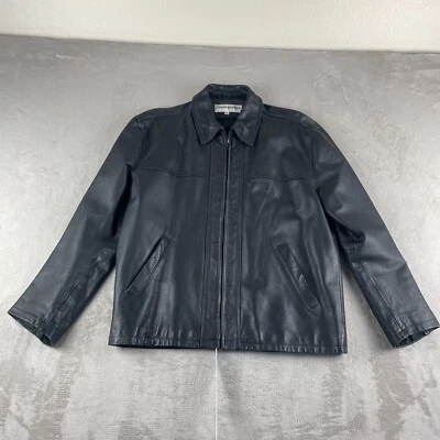 Jhane Barnes 皮革夹克男式 42 黑色全拉链衬里高级外套设计师 — 第 1/4 张图片