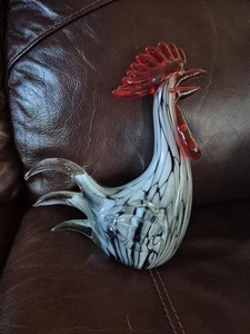 Beautiful Art Glass Rooster/ Chicken Black White Red /9” Tall / 8” Long /Heavy - Picture 1 of 6
