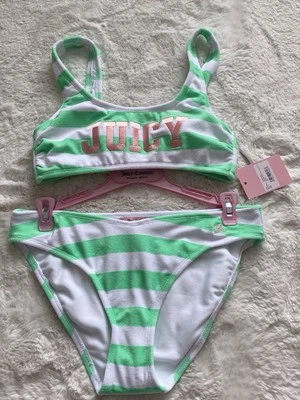 Juicy Couture Terry Bralette Bikini Set Ladies Women’s Sz M Green Mint Stripes - Image 1 of 4