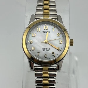 Timex Watch Women 25mm Silver Gold Tone MOP Indiglo Stretch Band- New Battery - Picture 1 of 8