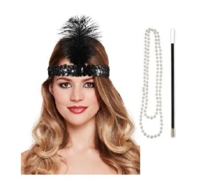 THE FANCY DRESS Ladies Girls 3 Pcs Flapper 1920's Charleston Set Gatsby Fancy Dress Accessories
