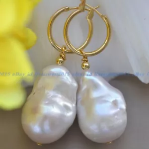 Huge 18x25mm White Natural keshi Baroque Pearl Dangle Leverback Earring - Picture 1 of 12