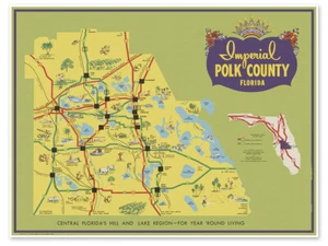 Imperial Polk County Central Florida Map circa 1950's Lakeland, Davenport, etc. - Picture 1 of 12