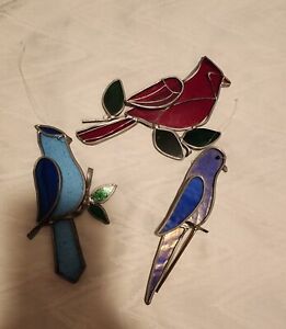 Lot Of Three Stained Glass Birds Sun Catchers Cardinal Bluejay Parakeet
