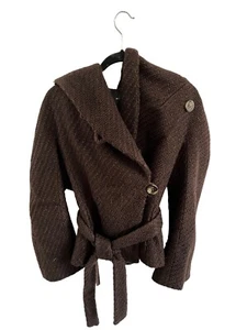 BCBGMAXAZRIA Womens Coat Brown Wool Blend Hooded Jacket Belted Woven Sz Small - Picture 1 of 3