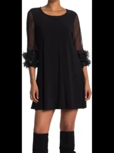 Nina Leonard Womens Dress Black Ruffle Mesh Sleeve Pockets Size X-Large New - Picture 1 of 17