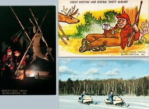 1960s Deer Hunting Snowmobile Greeting Burlington WI Wisconsin Postcard LOT 3 - Picture 1 of 7