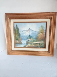 Künstler signiert Vintage Ölgemälde auf Leinwand HERBST HERBST HERBST BERG Blockhaus See - Bild 1 von 8