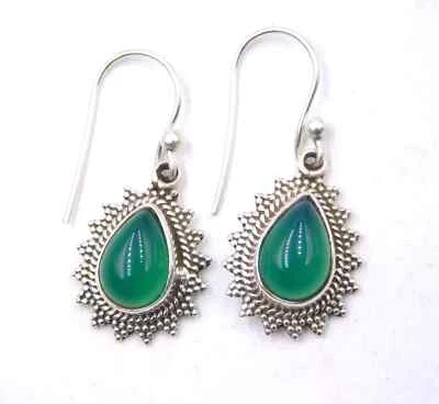 4.40 GM 925 Argento Sterling Massiccio Verde Naturale Onice Cab Pietra Orecchino - Immagine 1 di 2