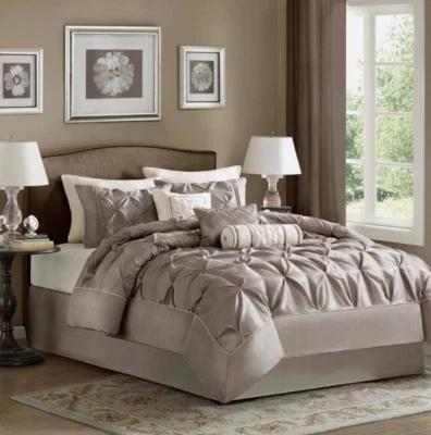 Madison Park Luxury 7pc Taupe Pleated King Comforter Set & Dec. Pillows - Image 1 of 2