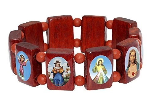 Large Square Cherry Wood Bracelet with Images of Jesus, Mary and Saints  - Image 1 of 1