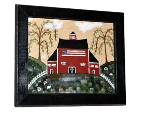 THE AMERICAN BARN ORIGINAL FOLK ART on BOARD & HANDMADE FRAME Very Rare - Bild 1 von 1
