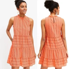 LOFT Women's Lively Coral Ruffled Neck Eyelet Tiered Swing Dress Size Medium NWT - Picture 1 of 11