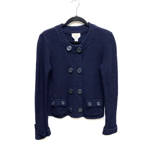 Talbots Womens Navy Blue Crew Roll Tab Sleeve Ribbed Button Front Cardigan PM - Picture 1 of 7